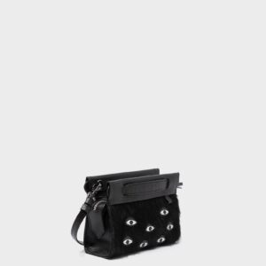 Vali Crossbody Micro Black Leather Bag - Eyes Applique Adjustable Handle