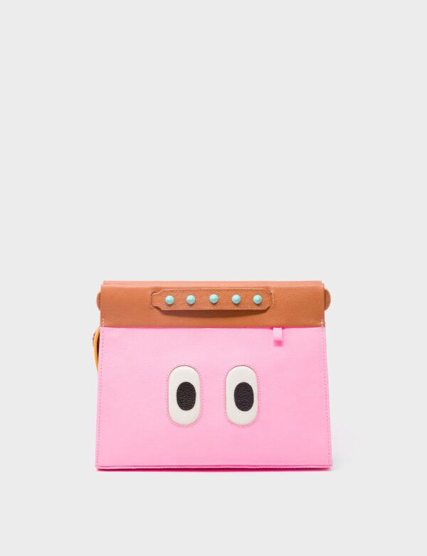 Vali Crossbody Small Caramel and Taffy Pink Leather Bag - All Over Eyes Embroidery