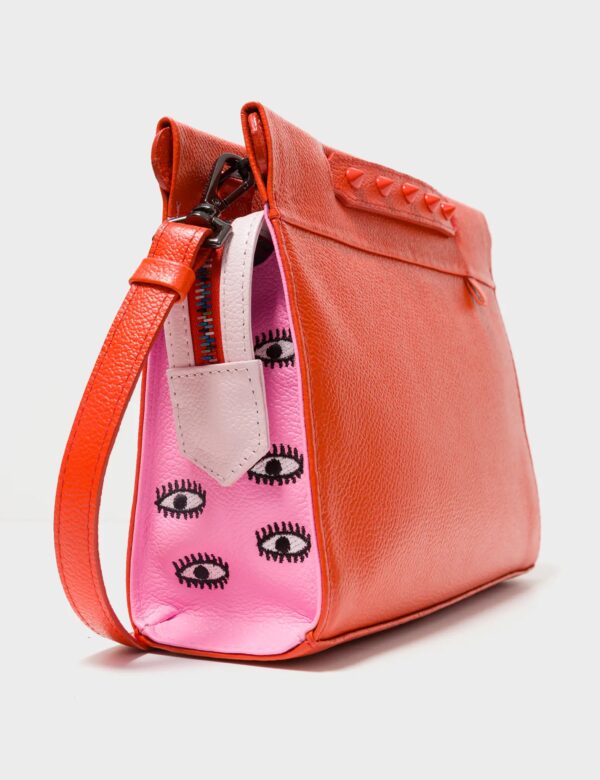 Vali Crossbody Small Fiesta Red and Bubblegum Pink Leather Bag - All Over Eyes Embroidery